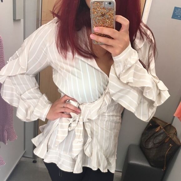 Keith Ruffle striped long sleeve wrap style top - Picture 1 of 6